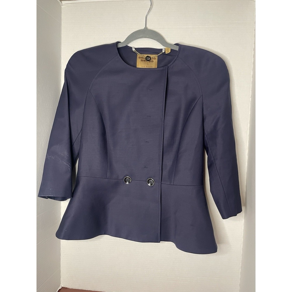 Ted Baker Women's Zivia Navy Blue Peplum Jacket 2 Hidden Button Closure Wool
